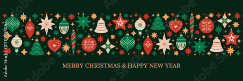 Merry Christmas and Happy New Year horizontal long border with Christmas tree decorations of different shapes. Holiday pattern in red, green and beige colors on black background. Festive banner