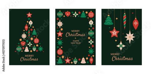 Merry Christmas and Happy New Year vertical greeting cards set with Christmas tree decorations of different shapes. Holiday banner templates on black background