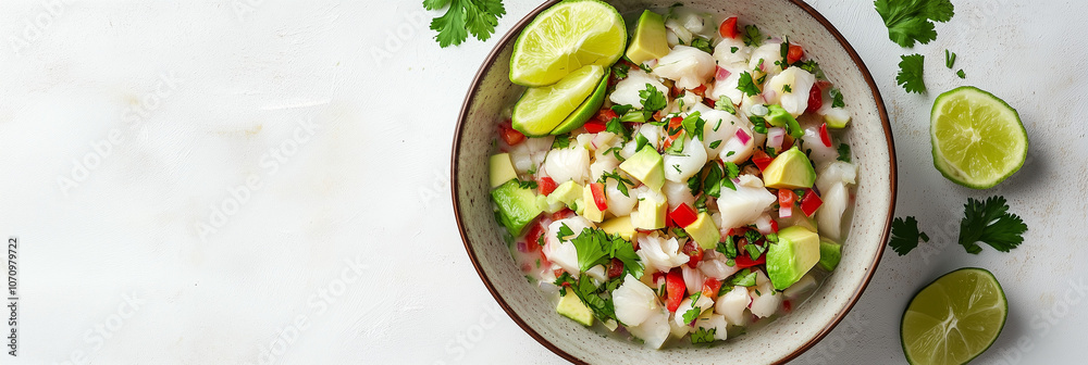 Fresh ceviche with avocado and lime on white background Fresh ceviche with avocado and lime on white background