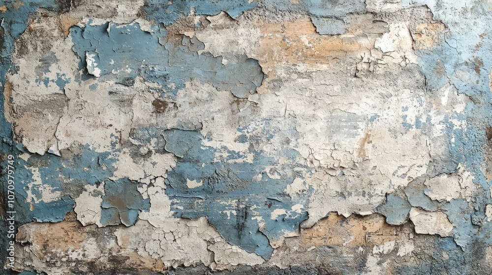 A textured wall with peeling paint in shades of blue, white, and beige. A textured wall with peeling paint in shades of blue, white, and beige.