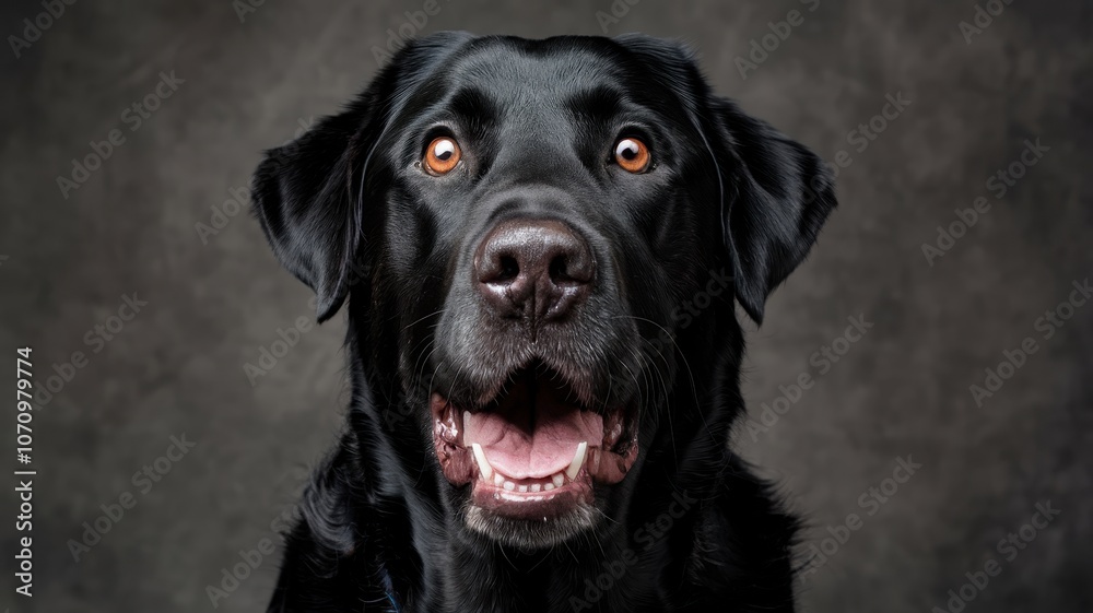Black Labrador Retriever Panting or Smiling with Glossy Coat, Close-Up Black Labrador Retriever Panting or Smiling with Glossy Coat, Close-Up