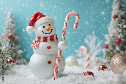 Christmas background - snowman holding a large candy cane in a snowy landscape with playful holiday decorations with snow falling photo