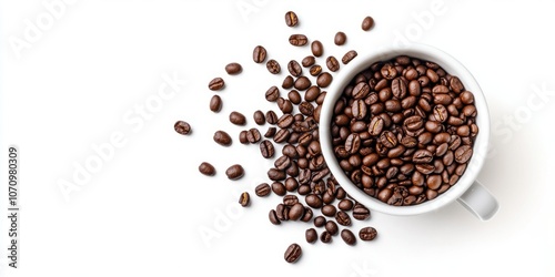 A white cup brimming with rich, dark coffee beans. Some beans spill onto the clean, white surface. The image showcases freshness and the essence of coffee culture. Perfect for coffee lovers. AI