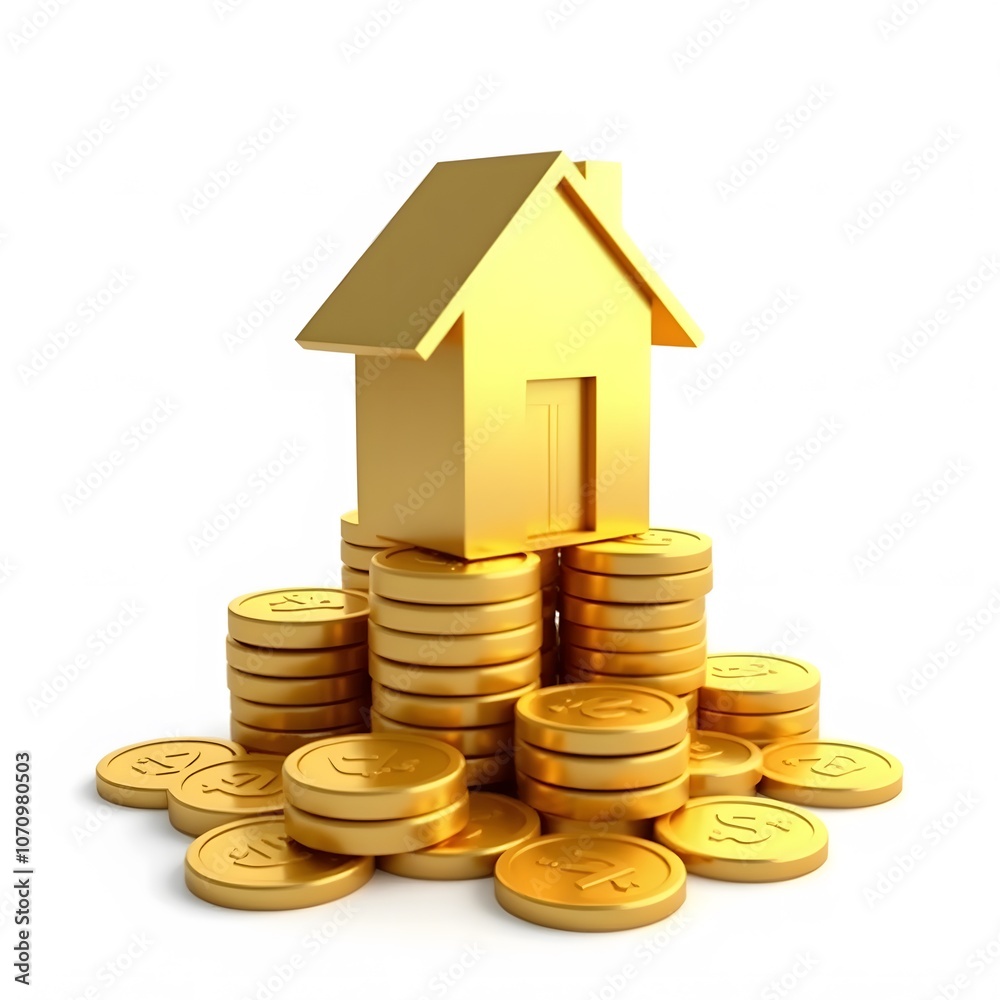 Golden House Model on Coin Stacks Symbolizing Wealth and Real Estate ISOLTED ON WHITE BAVKGROUND Golden House Model on Coin Stacks Symbolizing Wealth and Real Estate ISOLTED ON WHITE BAVKGROUND