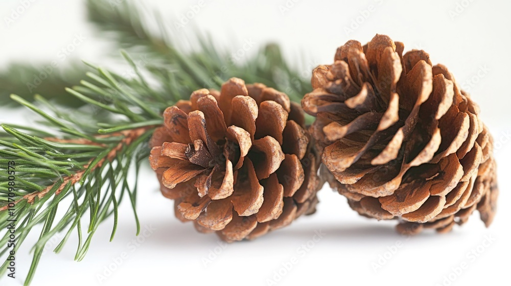 A pair of pine cones resting on the branches of a pine tree A pair of pine cones resting on the branches of a pine tree