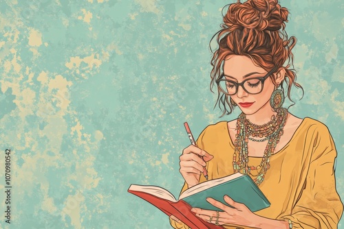 hipster girl sketching in a notebook, dressed in a bohemian style outfit with layered jewelry, illustration print, minimal background with copy space