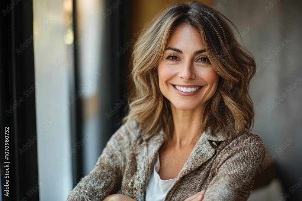 A smiling woman with wavy hair poses in a cozy indoor setting.