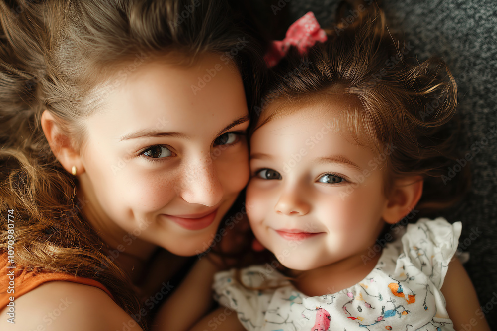Sisters sharing a joyful moment together while relaxing on a cozy blanket indoors in the afternoon light. Generative AI Sisters sharing a joyful moment together while relaxing on a cozy blanket indoors in the afternoon light. Generative AI