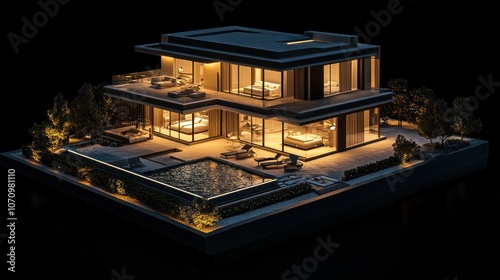 A modern luxury house with illuminated interiors and a swimming pool at night.