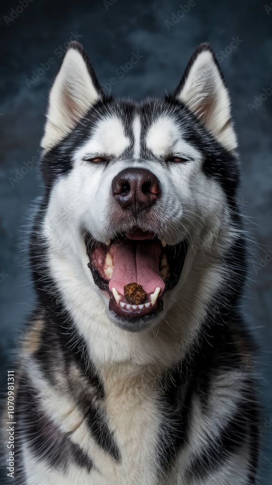 Obraz premium Smiling Siberian Husky with Closed Eyes and Open Mouth, Close-Up
