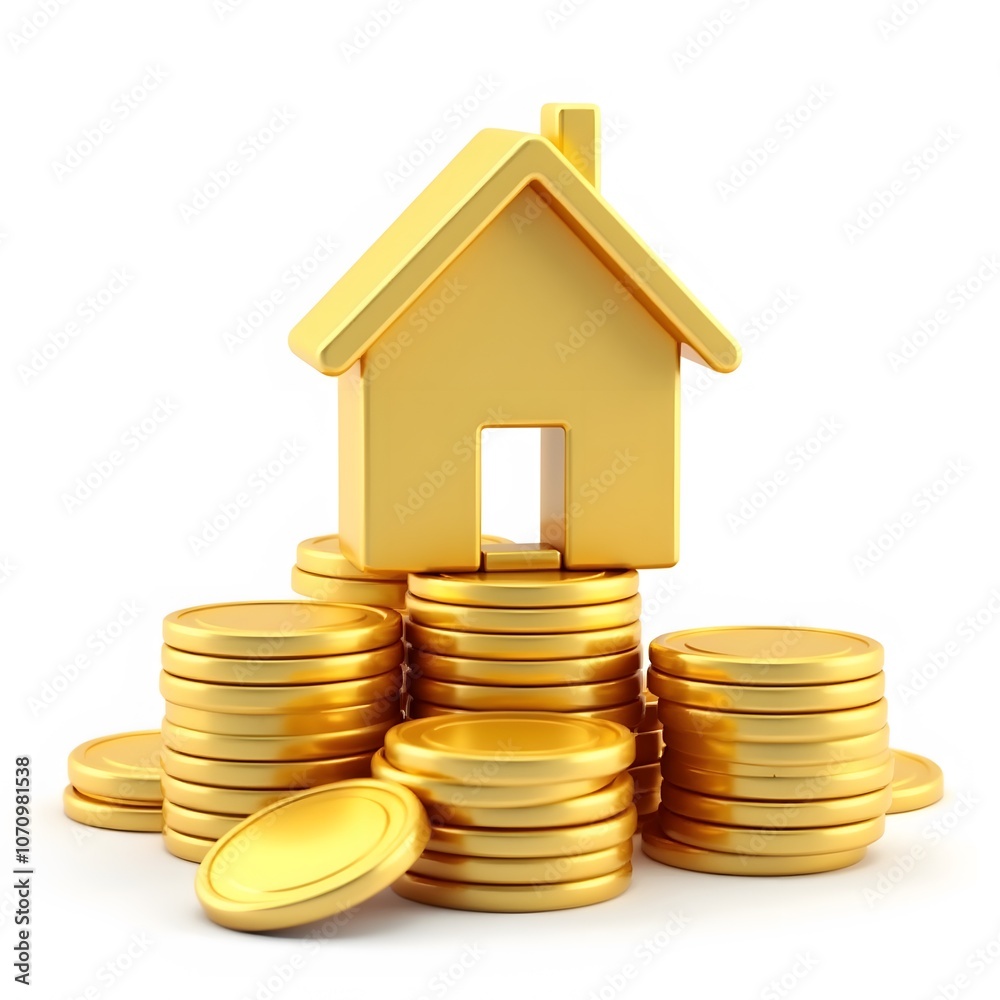 Golden House Model on Stacks of Gold Coins Representing Real Estate Investment ISOLTED ON WHITE BACKGROUND Golden House Model on Stacks of Gold Coins Representing Real Estate Investment ISOLTED ON WHITE BACKGROUND