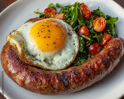 Delicious breakfast with sausage, fried egg, and sautéed vegetables on a plate photo