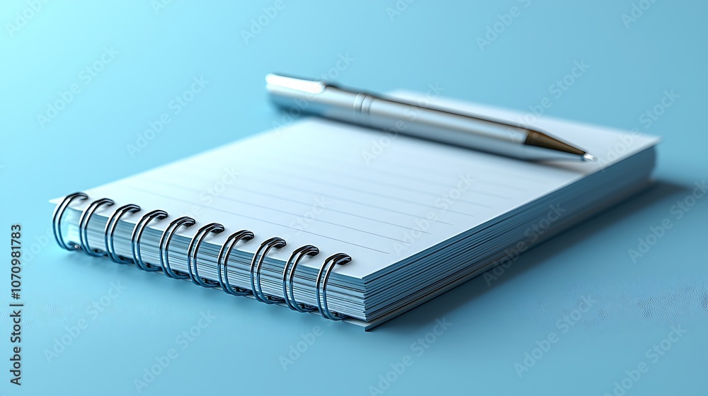 3D mockup a notepad with a pen on a light blue solid background, suitable for office branding 3D mockup a notepad with a pen on a light blue solid background, suitable for office branding