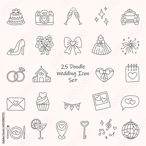 Wedding doodle icon set - heart, rings, glasses, car, church, bow, star, sparkle, dress, cake, geotag, envelope. Hand drawn vector marriage symbol for decoration invitation, card on white background.