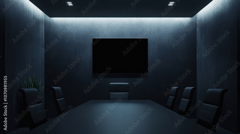 A modern, dimly lit conference room with a large screen and sleek furniture. A modern, dimly lit conference room with a large screen and sleek furniture.