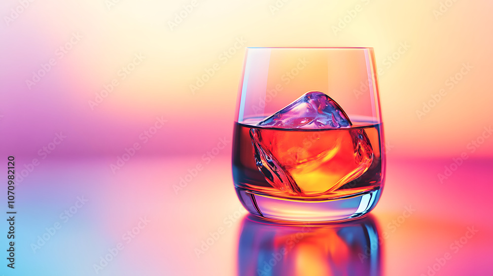 A beautifully lit glass of whiskey with an ice cube, showcasing vibrant colors. A beautifully lit glass of whiskey with an ice cube, showcasing vibrant colors.