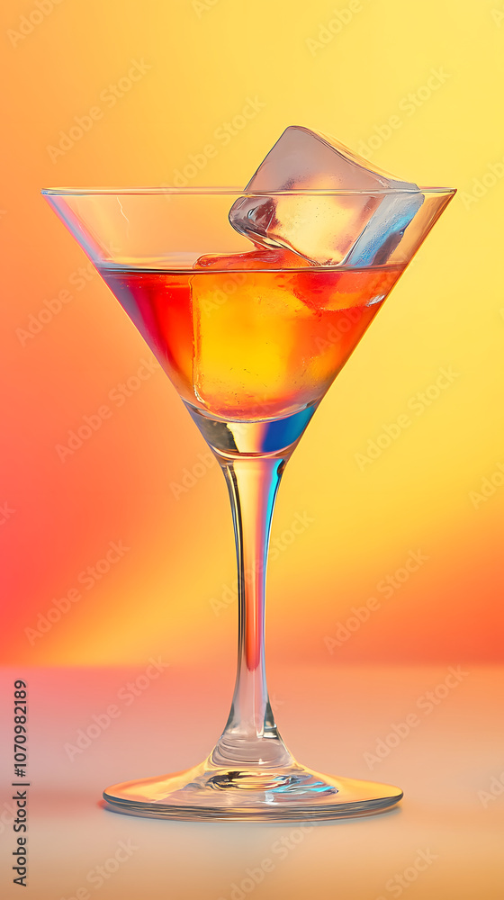 A colorful cocktail served in a stylish martini glass with an ice cube. A colorful cocktail served in a stylish martini glass with an ice cube.
