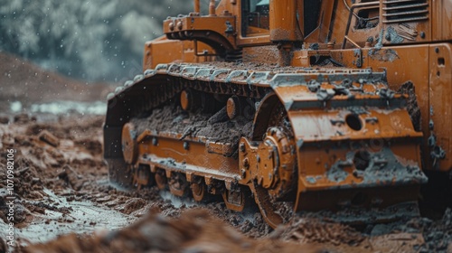 A close-up view of a bulldozer stuck in muddy terrain, ideal for use in construction or heavy machinery related contexts