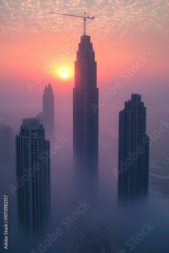 Skyscrapers Emerging from Fog at Sunrise