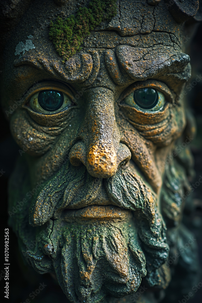 A close up of a statue of a man with green eyes