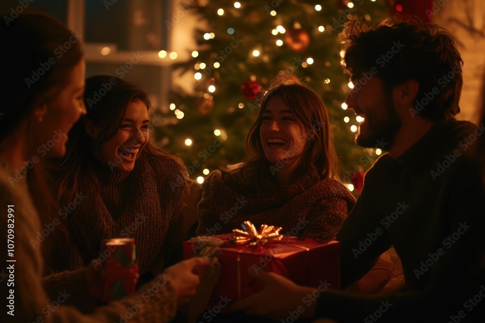 Group of friends laughing and exchanging Christmas gifts by a decorated tree Group of friends laughing and exchanging Christmas gifts by a decorated tree