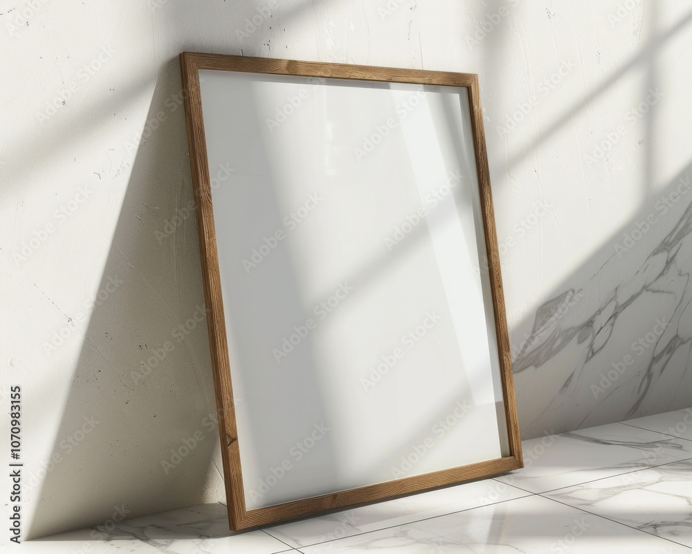 empty wooden frame for mockup on light marble floor empty wooden frame for mockup on light marble floor