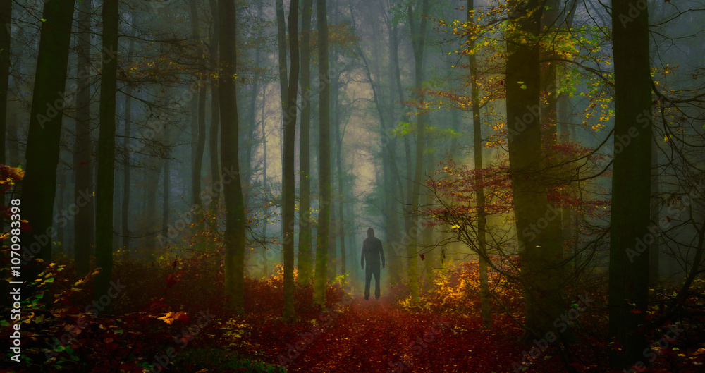 Creepy mysterious foggy forest during autumn day with a man observing nature and colorful foliage Creepy mysterious foggy forest during autumn day with a man observing nature and colorful foliage