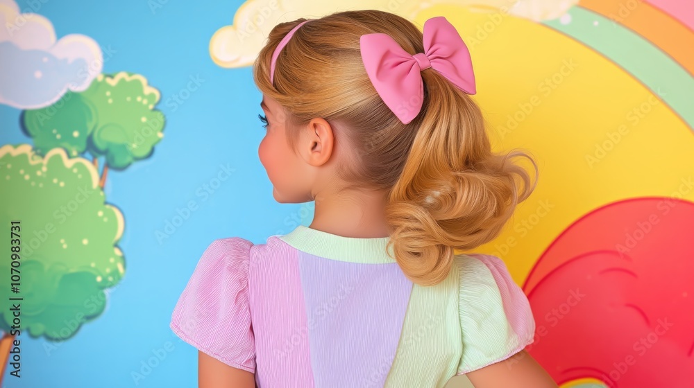 Colorful kids room with rainbow and clouds mural featuring child in pink bow Colorful kids room with rainbow and clouds mural featuring child in pink bow