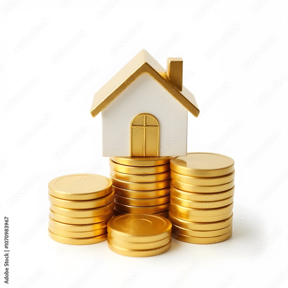 Golden House Model on Stacks of Gold Coins Representing Real Estate Investment ISOLTED ON WHITE BACKGROUND Golden House Model on Stacks of Gold Coins Representing Real Estate Investment ISOLTED ON WHITE BACKGROUND