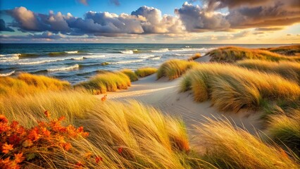 Stickers Plage et Mer A seaside landscape transitioning from summer to autumn, with windswept dunes, faded grasses, and the first fallen leaves  © Pixai