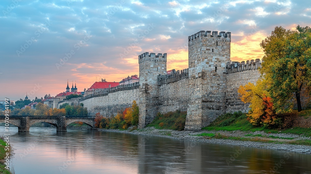 A historic stone wall and towers border a river in a city with a bridge in the foreground, and a colorful sunset sky. A historic stone wall and towers border a river in a city with a bridge in the foreground, and a colorful sunset sky.