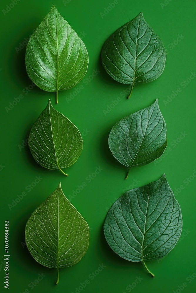 A cluster of green leaves on a matching green surface, perfect for environmental or nature-themed designs A cluster of green leaves on a matching green surface, perfect for environmental or nature-themed designs