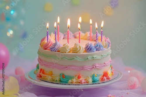 A colorful birthday cake with lit candles on top