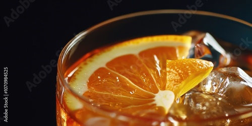 A close-up of a drink with a slice of orange, suitable for food or beverage advertising