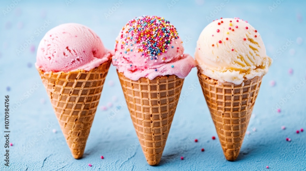 Three colorful ice cream cones with sprinkles on a light blue background. Three colorful ice cream cones with sprinkles on a light blue background.