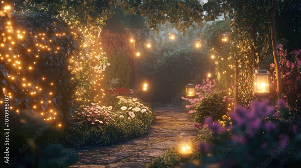 A winding stone path lit by fairy lights and lanterns leads through a lush, enchanted garden. A winding stone path lit by fairy lights and lanterns leads through a lush, enchanted garden.