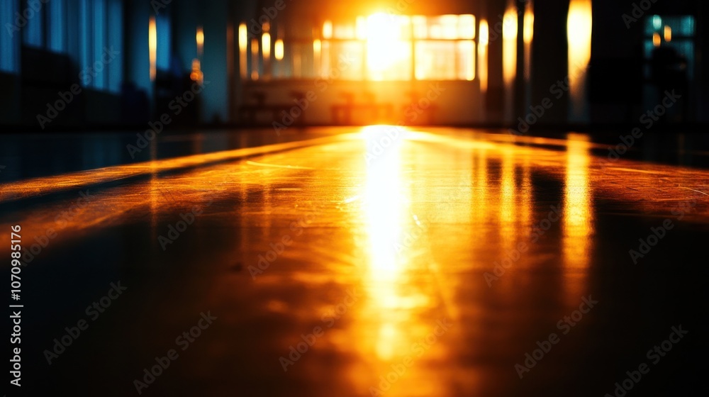 A warm sunset casts golden light across a polished floor in a serene indoor space. A warm sunset casts golden light across a polished floor in a serene indoor space.