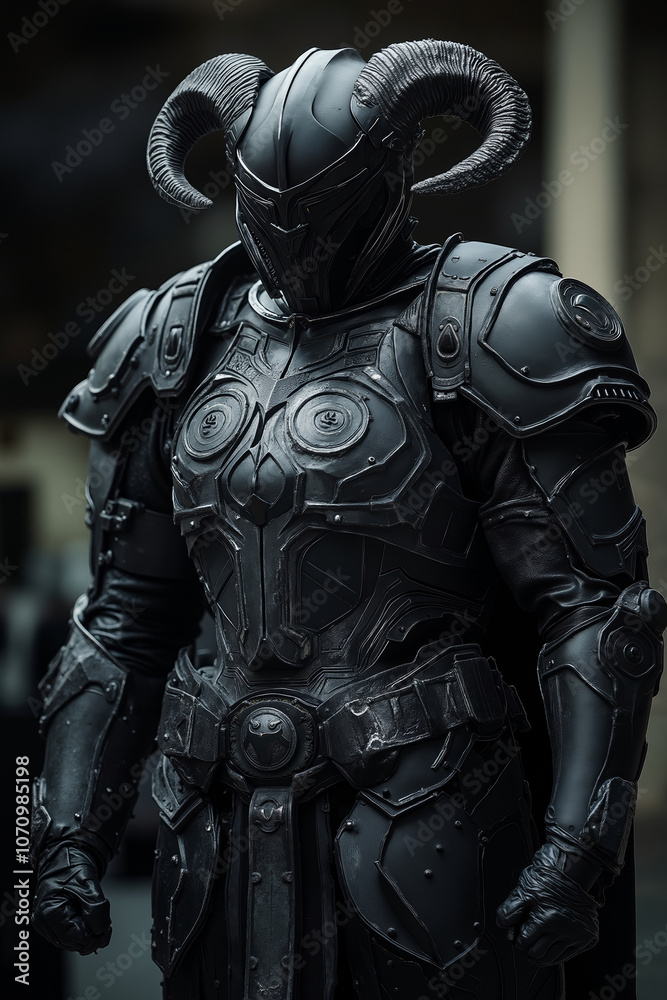A man in armor with horns standing in front of a building