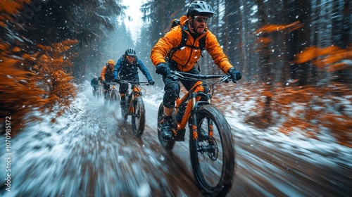 Dynamic Mountain Biking in Snowy Forest Landscape