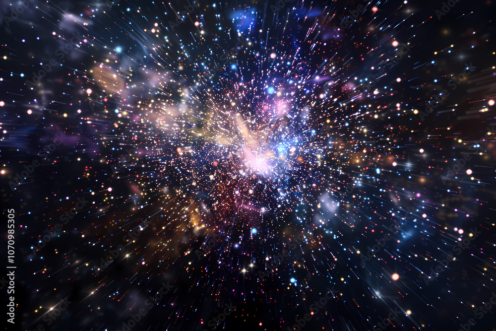 A dazzling cosmic explosion of colors and lights, representing the vastness of the universe and the beauty of starlit galaxies. A dazzling cosmic explosion of colors and lights, representing the vastness of the universe and the beauty of starlit galaxies.