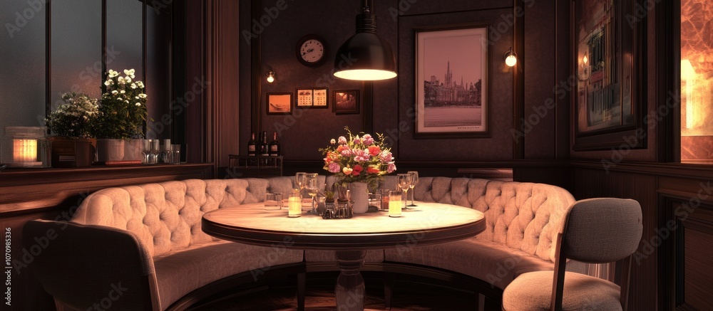 Cozy dining nook with round table, curved banquette and one chair. There are flowers, candles and glasses on the table. The rooms are decorated with framed artwork Cozy dining nook with round table, curved banquette and one chair. There are flowers, candles and glasses on the table. The rooms are decorated with framed artwork