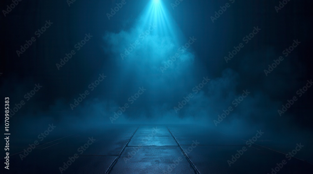 Fototapeta premium Dark Empty Street Scene with Neon Lights and Smoke on Asphalt Night View with Blue Background