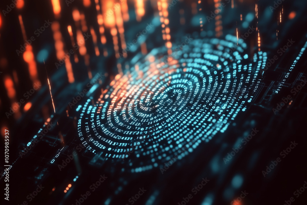Digital visualization of a fingerprint scan turning into binary code, representing data encryption for security.