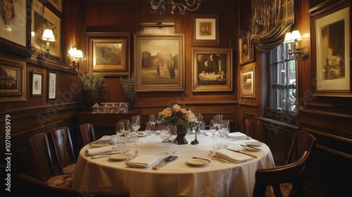 A private dining room with a round table set for six, surrounded by dark wood walls and adorned with framed artwork. photo