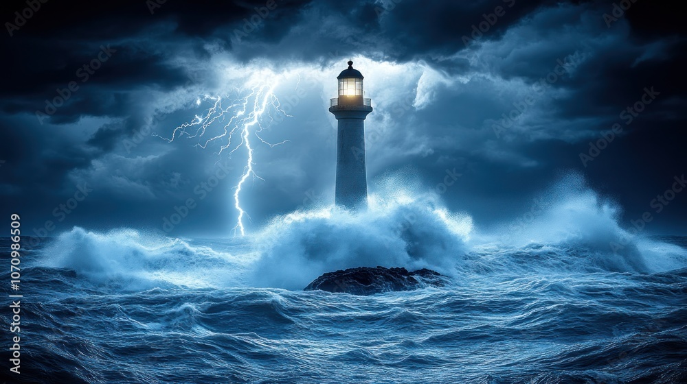A lighthouse shines brightly against a backdrop of a stormy sea and lightning. A lighthouse shines brightly against a backdrop of a stormy sea and lightning.