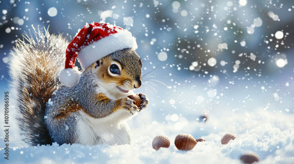 A happy animated squirrel gathering acorns in the snow, wearing a tiny Santa hat, with soft snowflakes falling around A happy animated squirrel gathering acorns in the snow, wearing a tiny Santa hat, with soft snowflakes falling around