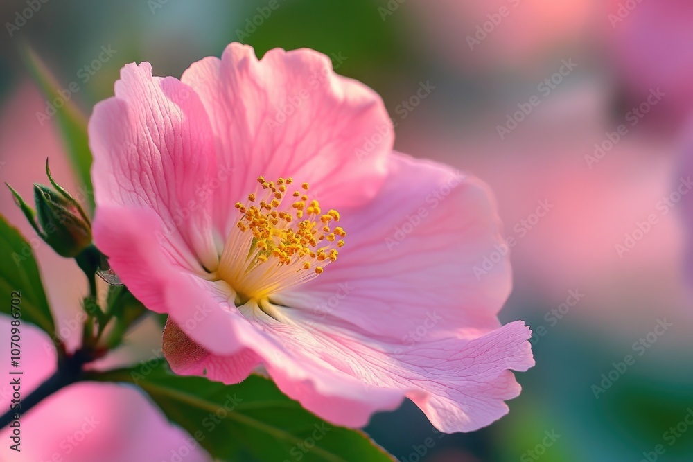 A detailed view of a pink flower with green leaves, suitable for botanical or nature-themed images A detailed view of a pink flower with green leaves, suitable for botanical or nature-themed images