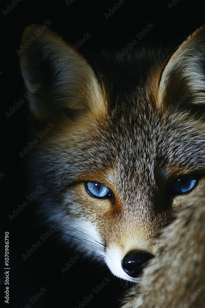 Fototapeta premium A fox with a blue eye is shown in a dark background