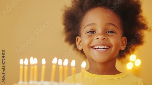 A young child, with the assistance of a parent, lighting a Hanukkah menorah photo