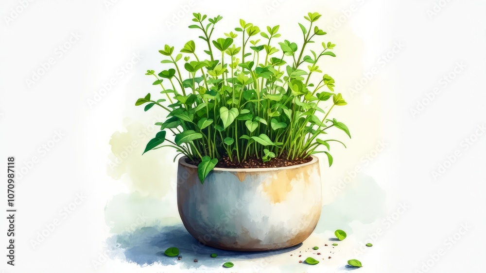 A set of different microgreens in modern pot on white background, watercolor illustration A set of different microgreens in modern pot on white background, watercolor illustration